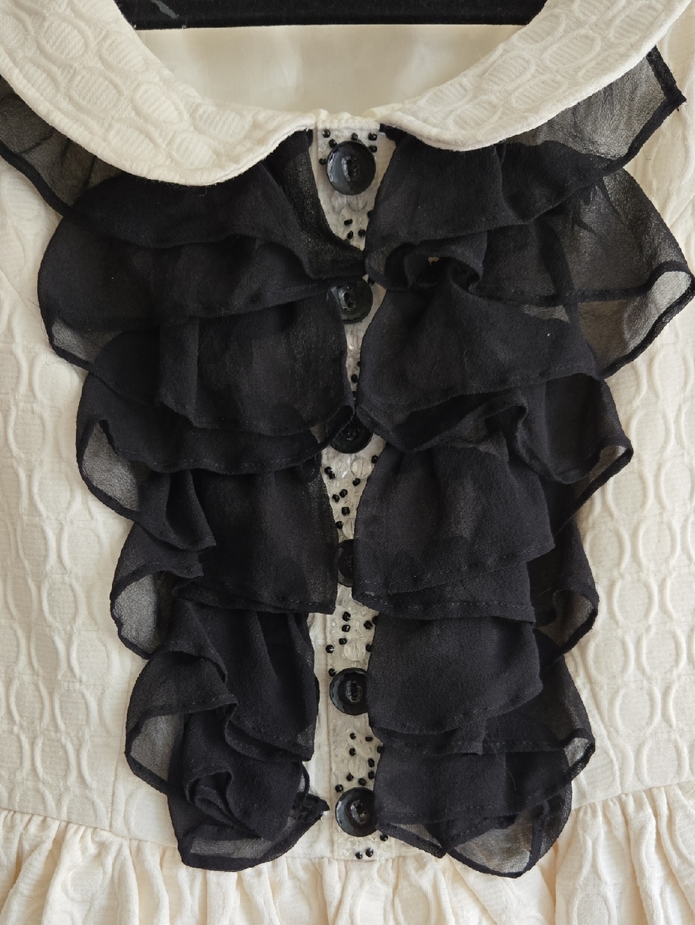 Kensie | Cream Fit & Flare Dress Black Frill Peter Pan Collar Sleeveless Mini - Picture 5 of 11